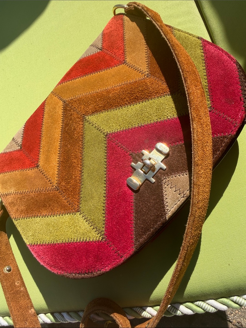 Vintage 1970s Suede Chevron Shoulder Bag- tano of madrid GUC rare find!